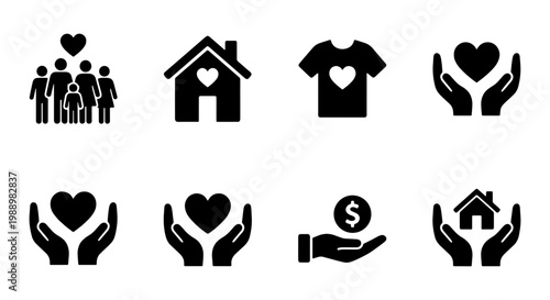 Charity and donation icons set, 8 black vector symbols, non-profit community graphics