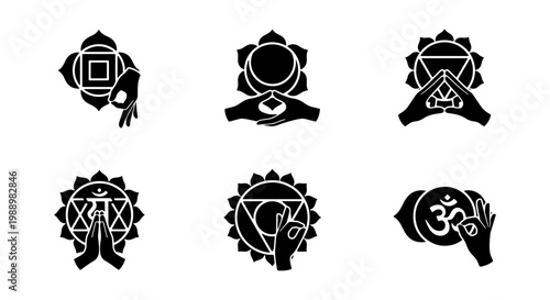 Chakra mudra icon set, yoga hand gestures with energy symbols, 6 black vector glyphs