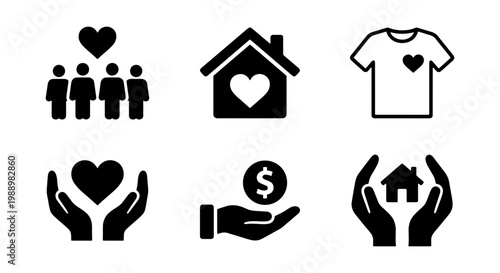Charity and donation icons set, 6 black vector symbols for non-profit and volunteer work