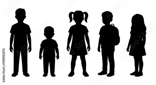 Children silhouettes set, school kids standing, black group of young students vector