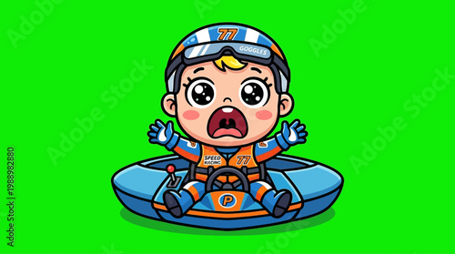 Cartoon Baby in a Raft with a Helmet and Life Vest.