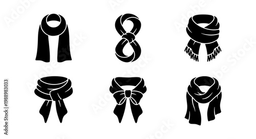 Winter scarf icon set, black neckwear vector collection, 6 warm clothing accessories