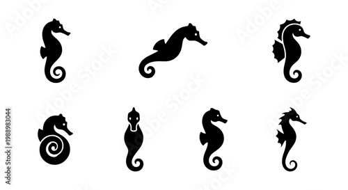 Minimalist seahorse silhouette icons, set of 7 black sea horse vectors, marine life logo