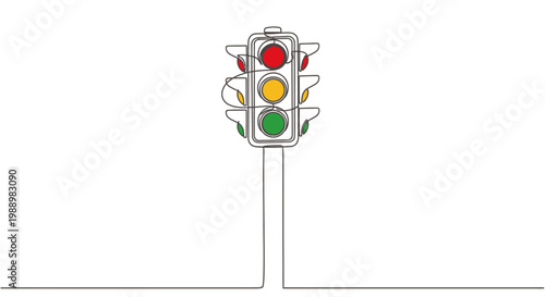 Continuous line drawing of a traffic light showing red, yellow, and green signals on a white background