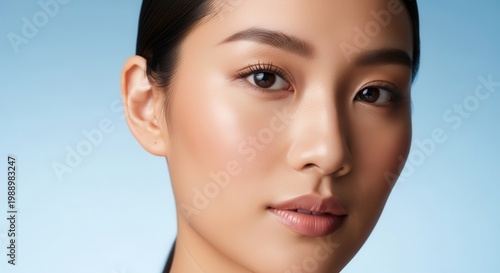 Radiant Asian woman's portrait showcasing natural beauty and healthy skin against a serene blue