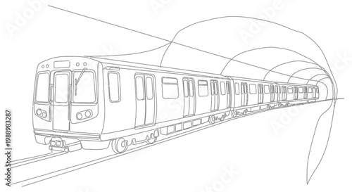 Subway Train Entering Tunnel Line Art