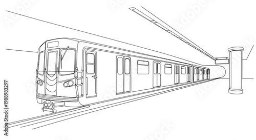 Modern Subway Train Entering Tunnel, Line Art Illustration, Urban Transportation
