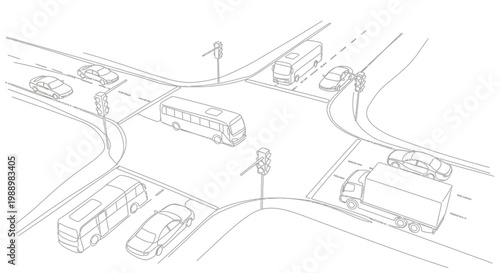 Busy intersection with cars, buses, and trucks in a hand-drawn sketch style.