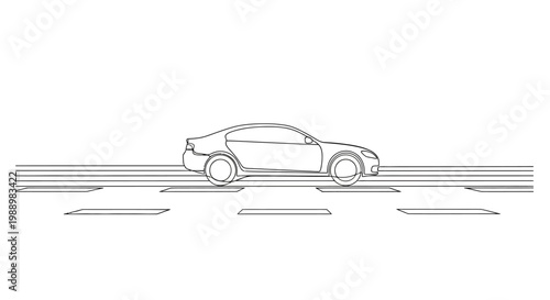 Car driving on road, sketch style, minimalist line art, automotive concept, travel illustration