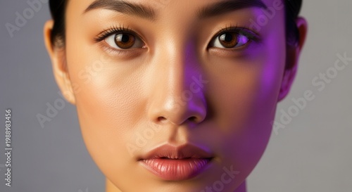 Mesmerizing portrait of a young woman bathed in dynamic purple and warm lighting, highlighting her