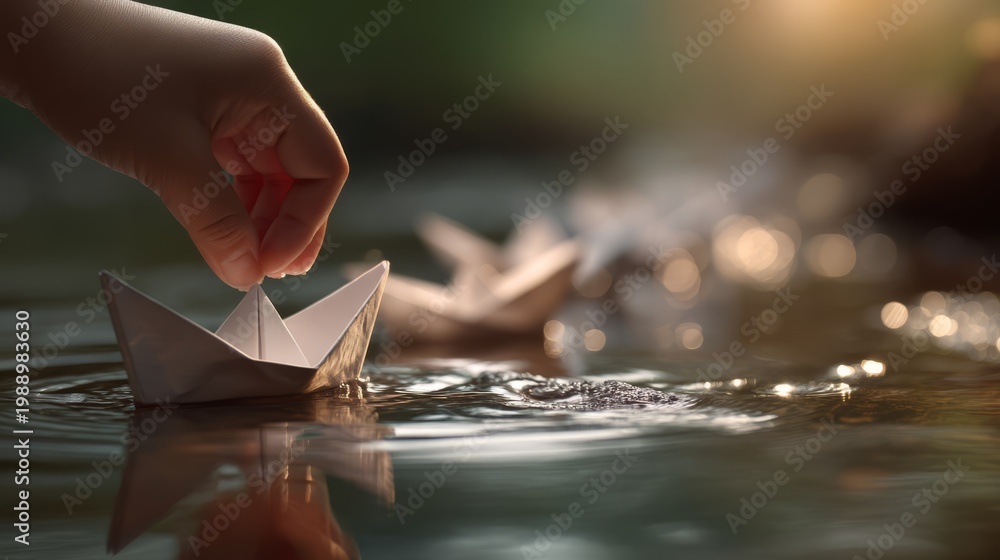 Obraz premium Child Releasing Paper Boats into Shallow Water at Sunset Moment