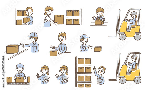 倉庫作業員・物流スタッフのイラストセット（ピッキング・梱包・在庫管理・業務作業）/Warehouse Workers Illustration Set (Picking, Packing, Inventory, Logistics Staff, Flat Style)