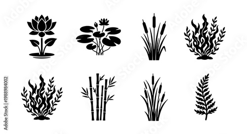 Black aquatic plant icons, 8 pond flora silhouettes, lotus and seaweed vector set