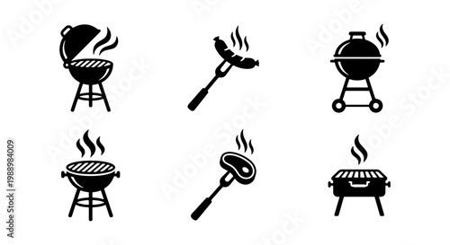 Barbecue grill icons set, BBQ party elements, black charcoal grill vector collection