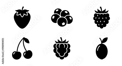 Minimalist berry icons set, black fruit silhouettes, 6 organic food vector elements