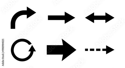 Black arrow icon set, minimalist navigation symbols, 6 vector pointer elements