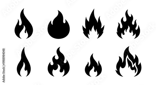 Black flame icons set, fire silhouette collection, 8 burning heat vector symbols