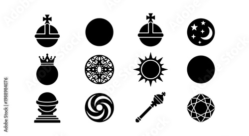 Medieval royal icons set, 12 black heraldic symbols, monarch crown and scepter vectors