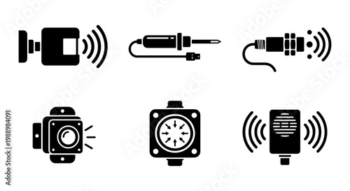 Industrial sensor icons set, electronic automation components, 6 vector tech symbols