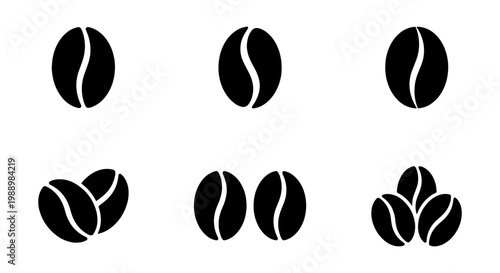 Minimalist coffee bean icons, black roasted seed silhouettes, 6 vector elements for cafe