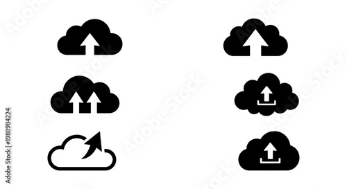 Cloud upload icon set, 6 black vector elements, data storage and backup symbols