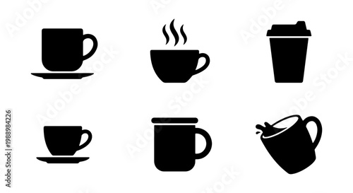 Minimalist coffee cup icons, black tea mug silhouettes, 6 beverage vector elements