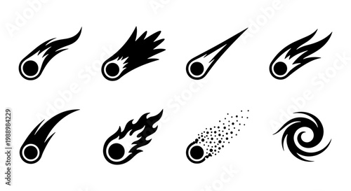 Black comet icons set, falling meteor silhouettes, 8 celestial vector elements