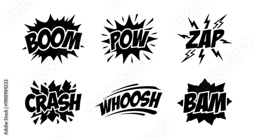 Comic book sound effects set, black and white action bubbles, 6 vector onomatopoeia icons