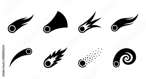 Comet icon set, falling meteor silhouette collection, 8 black space vector elements