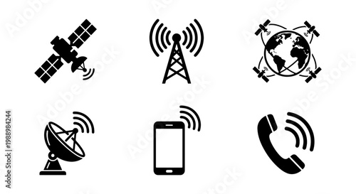 Satellite communication icons, 6 global telecommunication vectors, black signal symbols