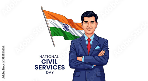 Against a white backdrop, a vector illustration commemorates National Civil Services Day in India with a civil servant in a suit standing proudly with folded arms and the Indian flag waving
