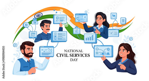 Commemorating Indian Civil Services Day with a vector illustration showcasing government officials and civil servants connected by data streams, set against a clean white backdrop