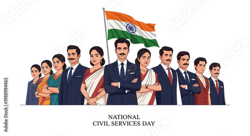 An illustration features Indian government officials standing proudly in front of a waving Indian flag, symbolizing governance and administration in India, rendered in a clean vector style