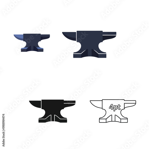 Four different colored anvil icons in various styles and designs for industrial or crafting use  isolated on white background