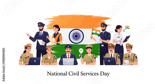 A vector illustration commemorating India's National Civil Services Day depicts various civil service officers against the backdrop of the Indian flag, rendered in a clean, flat style