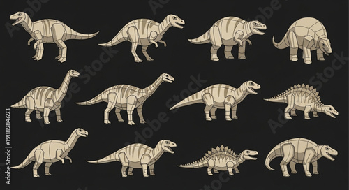 Collection of Dinosaur Illustrations on Black Background.
