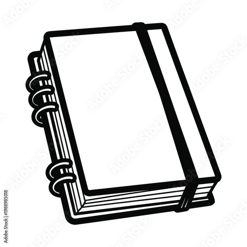 Black and white line art illustration of a spiral-bound notebook with a blank cover and an elastic band closure.