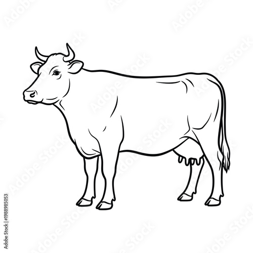 Black and white outline drawing of a domestic cow standing in a side profile, showcasing its udder and horns.