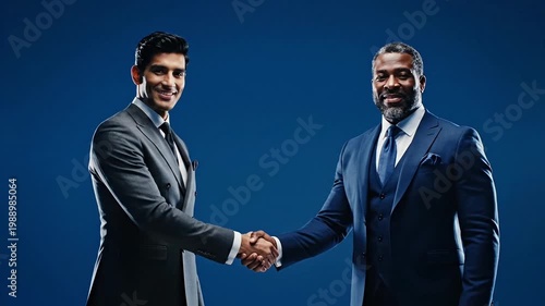 Two businessmen shaking hands in a professional setting with a blue background in a video