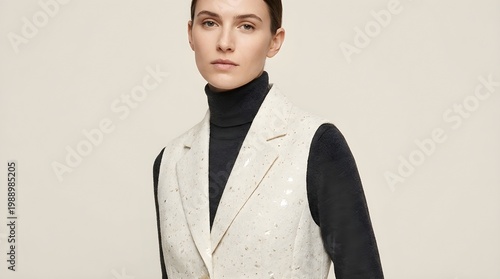 Elegant woman showcases innovative biomaterial couture vest, blending sustainable fashion with sophisticated style and modern design principles