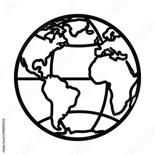 Simple black and white outline drawing of a globe showing continents and grid lines, representing Earth and global connections.