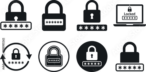 Set of Lock and Password Protection Icons Featuring Password Fields, Login Screens, and Security Elements for Online Security Illustrations