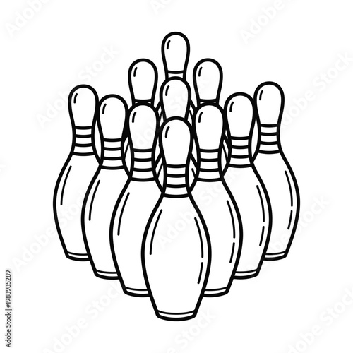 Black and white outline drawing of a full set of bowling pins arranged in a triangular formation, ready for a game on an alley.