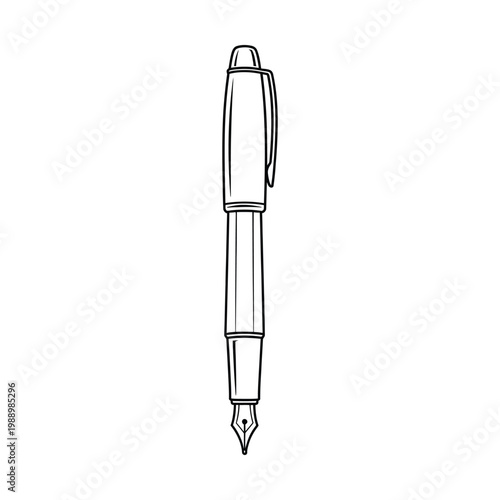 Detailed black and white line art drawing of a classic fountain pen with a visible nib and cap.