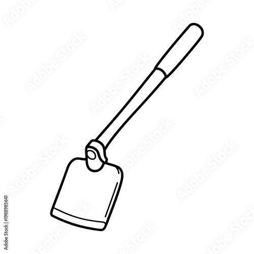 Simple black and white line art drawing of a garden hoe, a fundamental tool for gardening and soil cultivation.