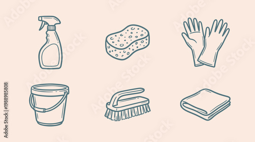 Cleaning supplies icons set with spray bottle, sponge, gloves, bucket, brush and cloth, minimalist household cleaning vector illustration