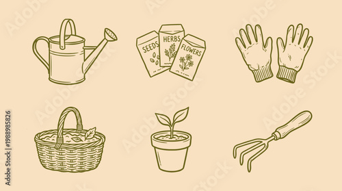 Gardening essentials icons set with watering can, seeds, gloves, basket, seedling and tools, minimalist gardening vector illustration