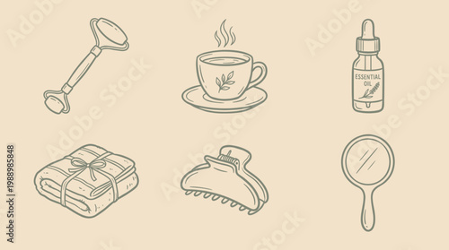 Self-care icons set with massage tool, tea, essential oil, towels, hair clip and mirror, minimalist wellness vector illustration
