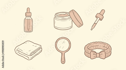 Skincare products and accessories set, minimalist hand-drawn illustration with serum bottles, cream jar, mirror, towels and spa headband
