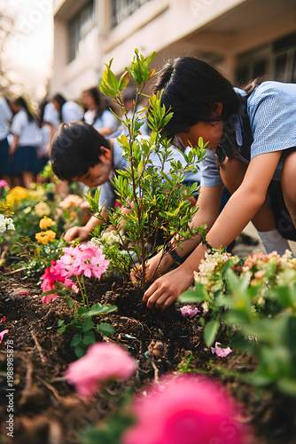 Children planting flowers and trees in a garden outside a school building on a sunny day with friends